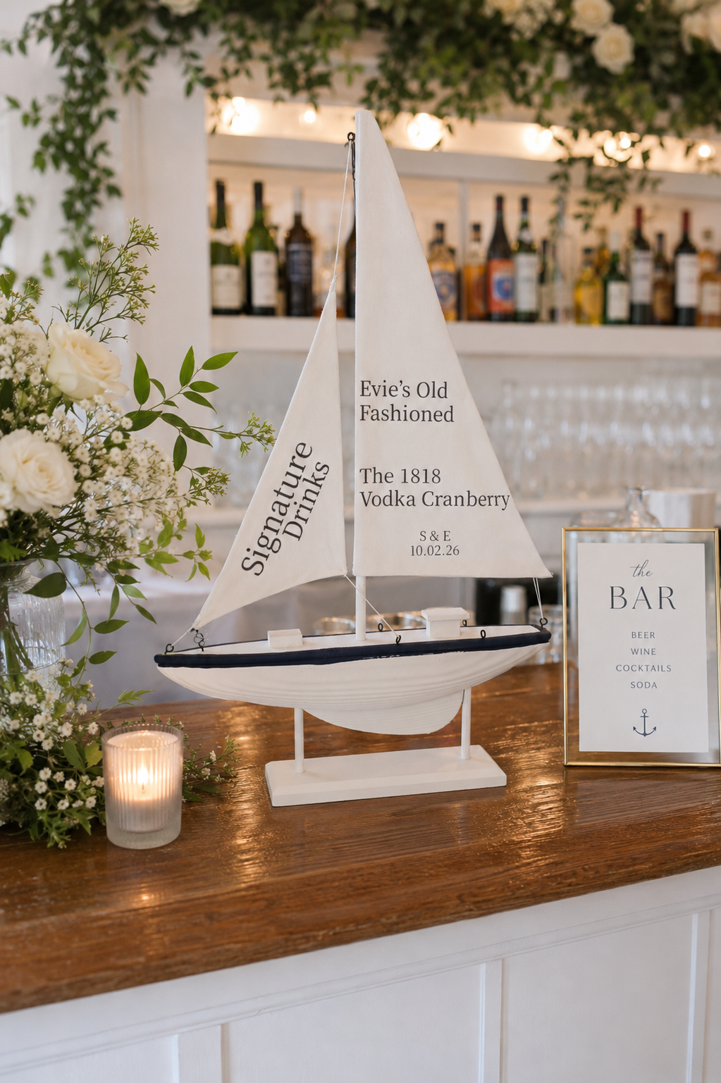 Sailboat Wedding Sign 21" — handcrafted Signature Drinks Signs for coastal & beach weddings by Shoreline Bride, Boston MA